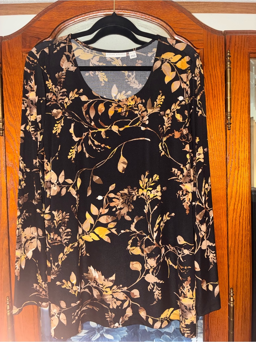 Susan Graver Black Long-Sleeve Floral Tunic Dress with Gold and Tan Leaves